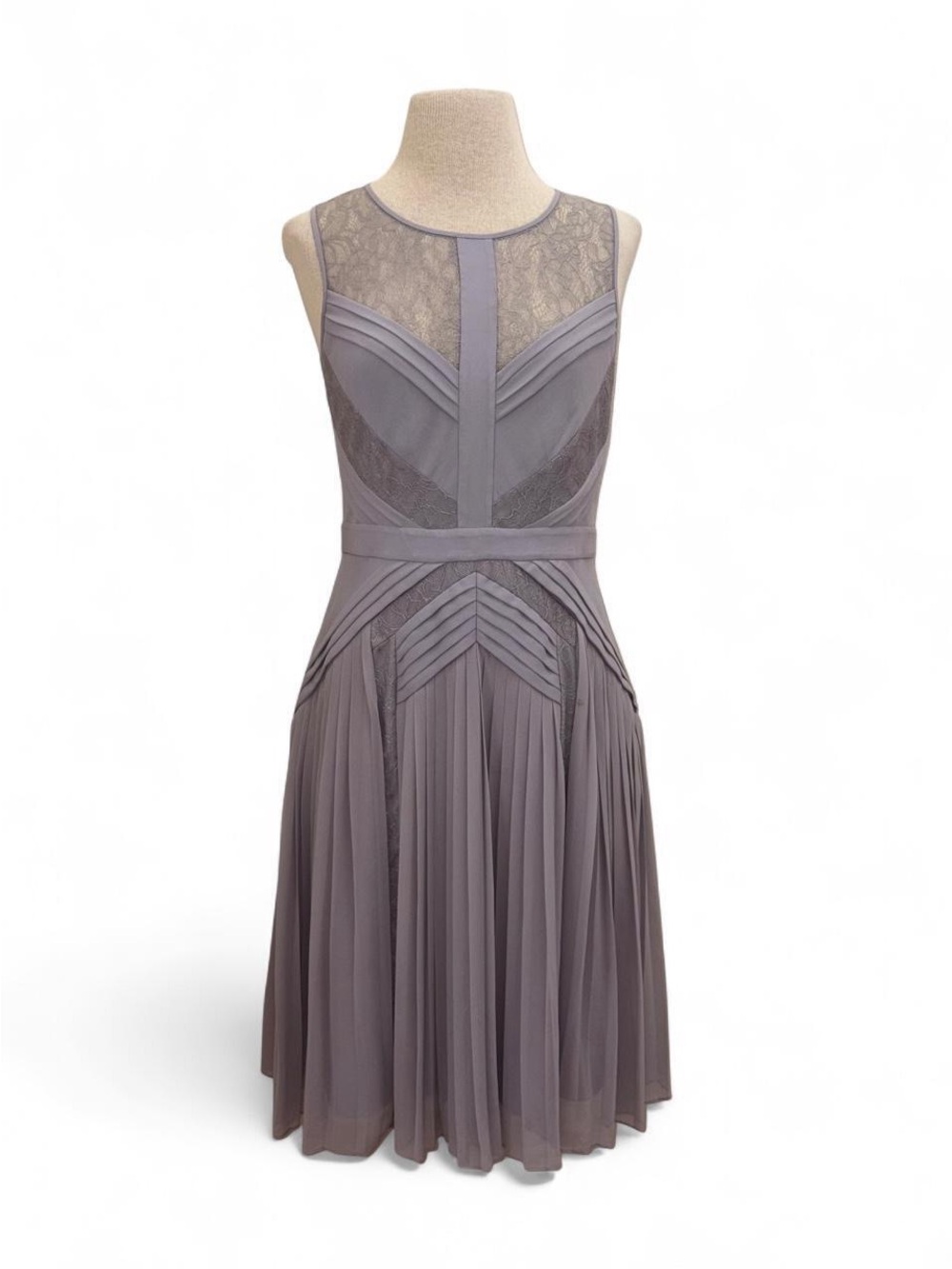 BCBG $398 RAYA Gray Pleated Lace Cocktail Dress Size 10 Medium Romantic Feminine